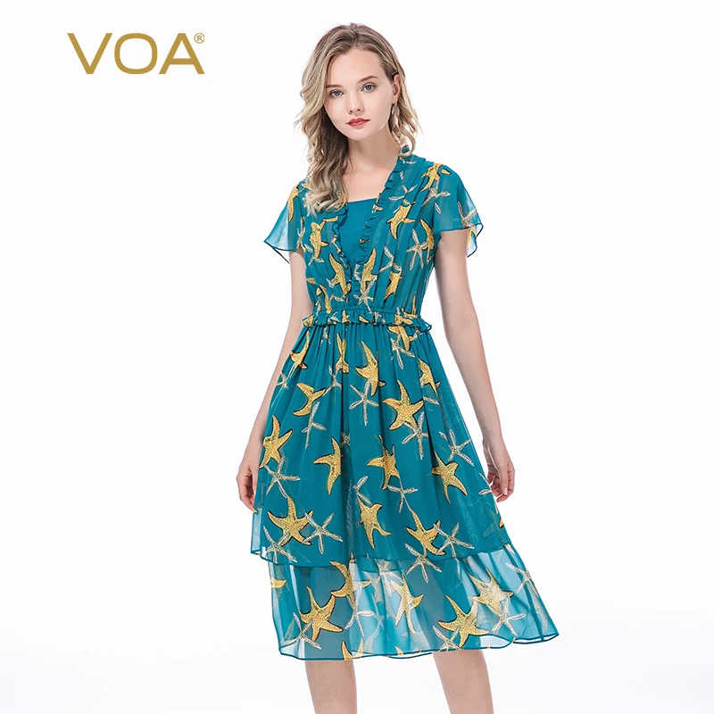 (Clearance Sale) VOA Silk Printed Georgette Short Sleeve Dresses Women Lace Elastic Corrugated Waist Slim Summer Dress AE82
(Clearance Sale) VOA Silk Printed Georgette Short Sleeve Dresses Women Lace Elastic Corrugated Waist Slim Summer Dress AE82
