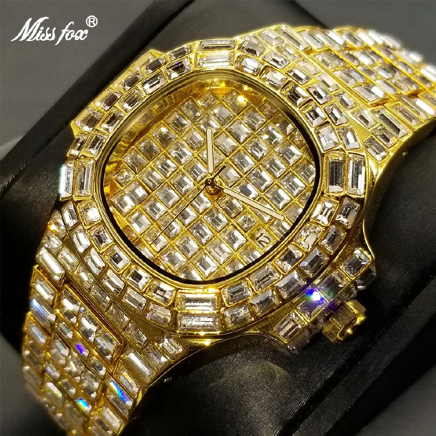 MISSFOX Gold Full Diamond Mens Watches Iced Out Bling Quartz Wristwatch Stainless Steel High Quality AAA Clock Dropshipping 2022 
MISSFOX Gold Full Diamond Mens Watches Iced Out Bling Quartz Wristwatch Stainless Steel High Quality AAA Clock Dropshipping 2022