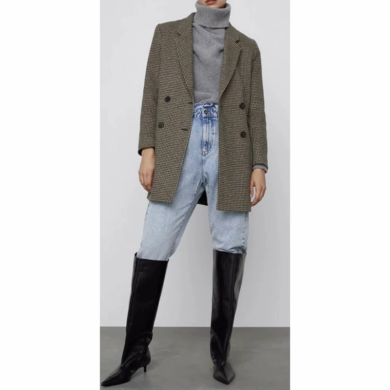 British Style Plaid Woolen Coat Women Fashion Warm Blazer Collar Double Breasted Casual Office Blends Coats Autumn Winter 2021
British Style Plaid Woolen Coat Women Fashion Warm Blazer Collar Double Breasted Casual Office Blends Coats Autumn Winter 2021