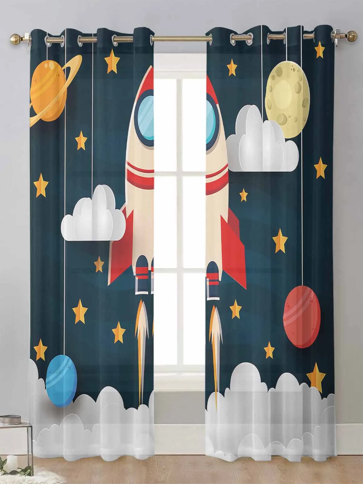 

Outer Space Cartoon Cute Spaceship Rocket Sheer Curtains For Living Room Window Voile Tulle Curtain Cortinas Drapes Home Decor