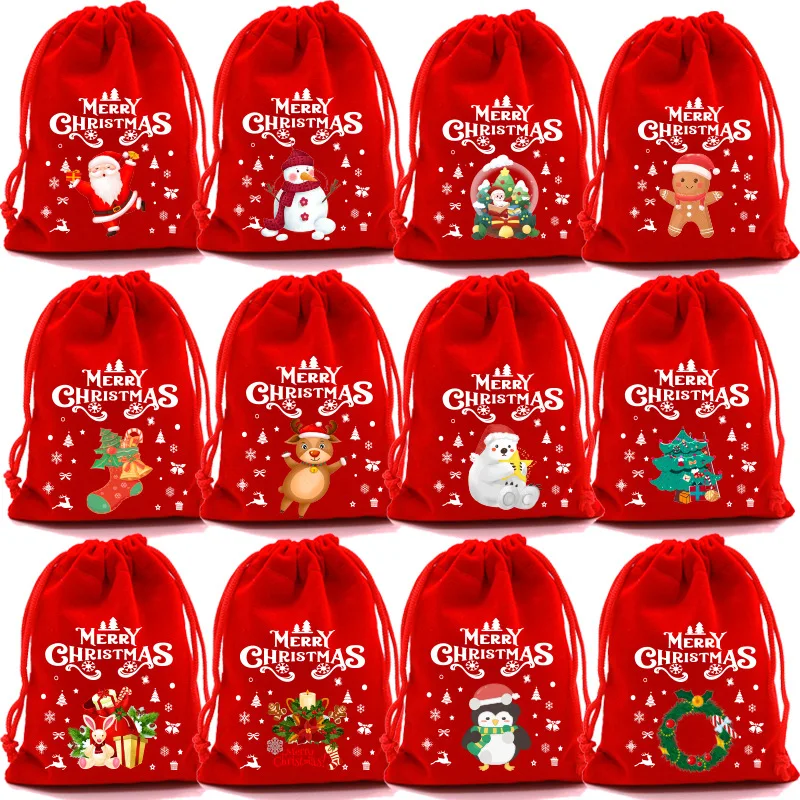 

10 шт. рождественские бархатные пакеты на шнурке, мешочек для конфет и печенья, красные браслеты, сумки для упаковки ювелирных изделий, рождественские пакеты для хранения