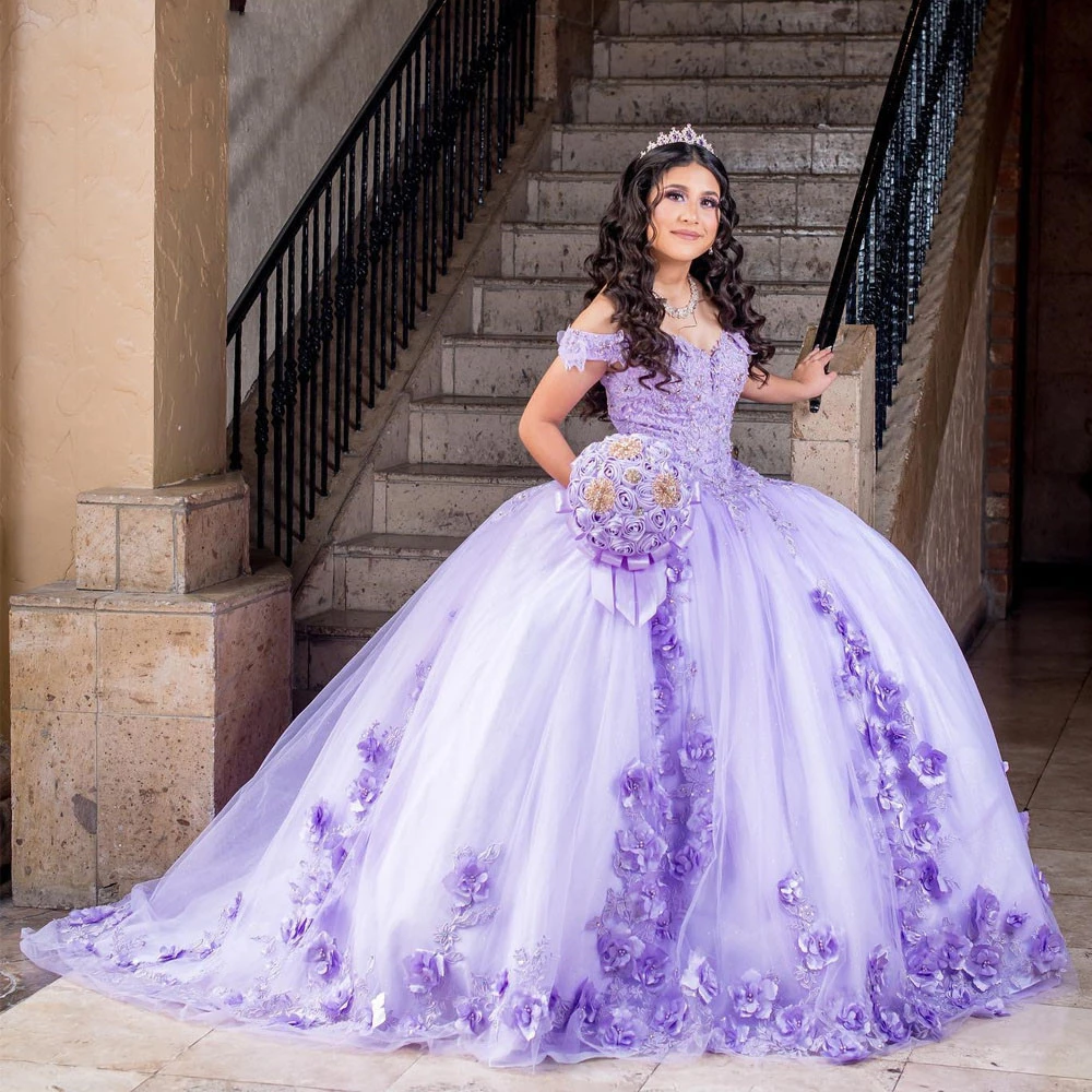 

ANGELSBRIDEP Princess Lilac Quinceanera Dresses With 3D Floral Applique Vestidos XV Años Sweet 16 Bow Robe De Soirée Custom Made