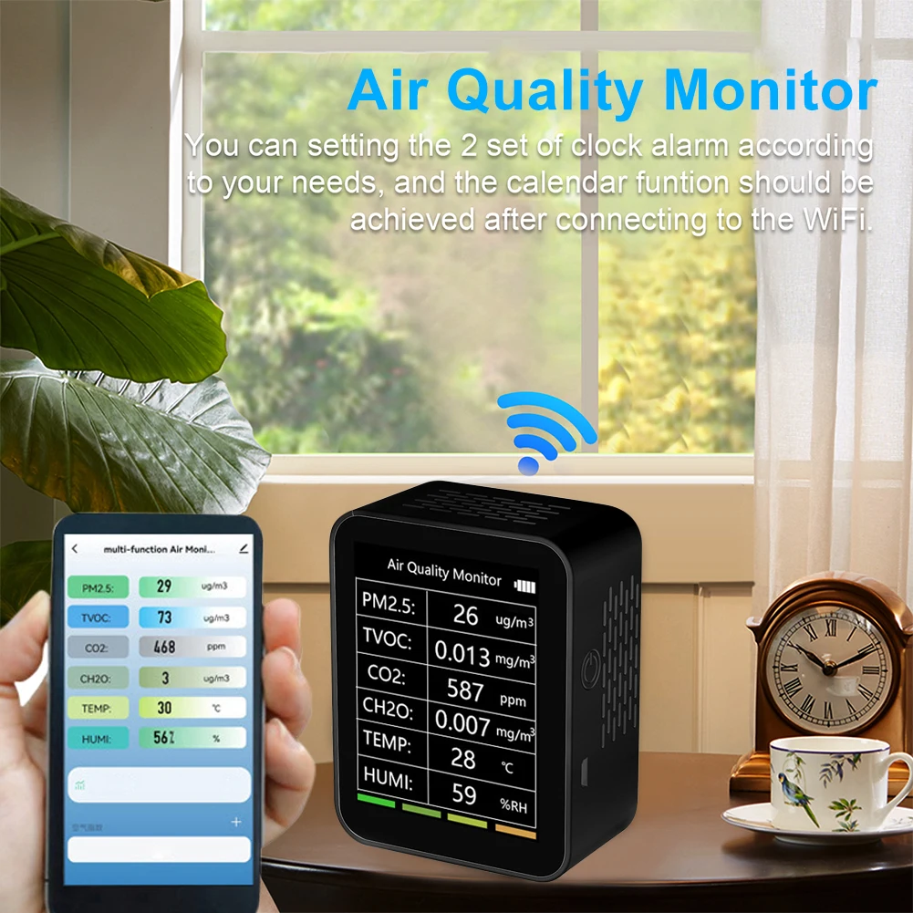 6 в 1 детектор качества воздуха PM2.5 TVOC CO2 CH2O монитор температуры и влажности Интеллектуальный многофункциональный детектор для дома и офиса
6 в 1 детектор качества воздуха PM2.5 TVOC CO2 CH2O монитор температуры и влажности Интеллектуальный многофункциональный детектор для дома и офиса