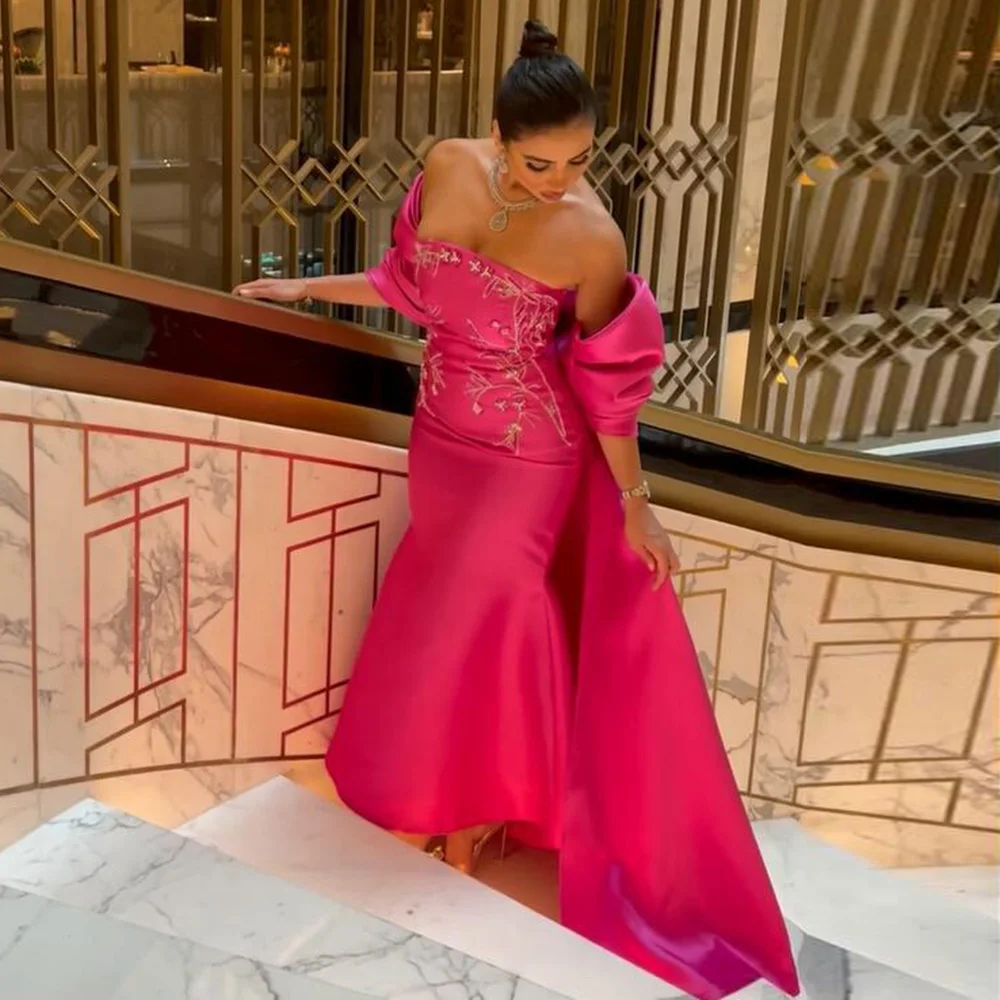 2023 Arabic Women Long Wedding Party Guest Gowns Fuchsia Mermaid Dubai Luxury Evening Dresses with Cape Shawl
2023 Arabic Women Long Wedding Party Guest Gowns Fuchsia Mermaid Dubai Luxury Evening Dresses with Cape Shawl