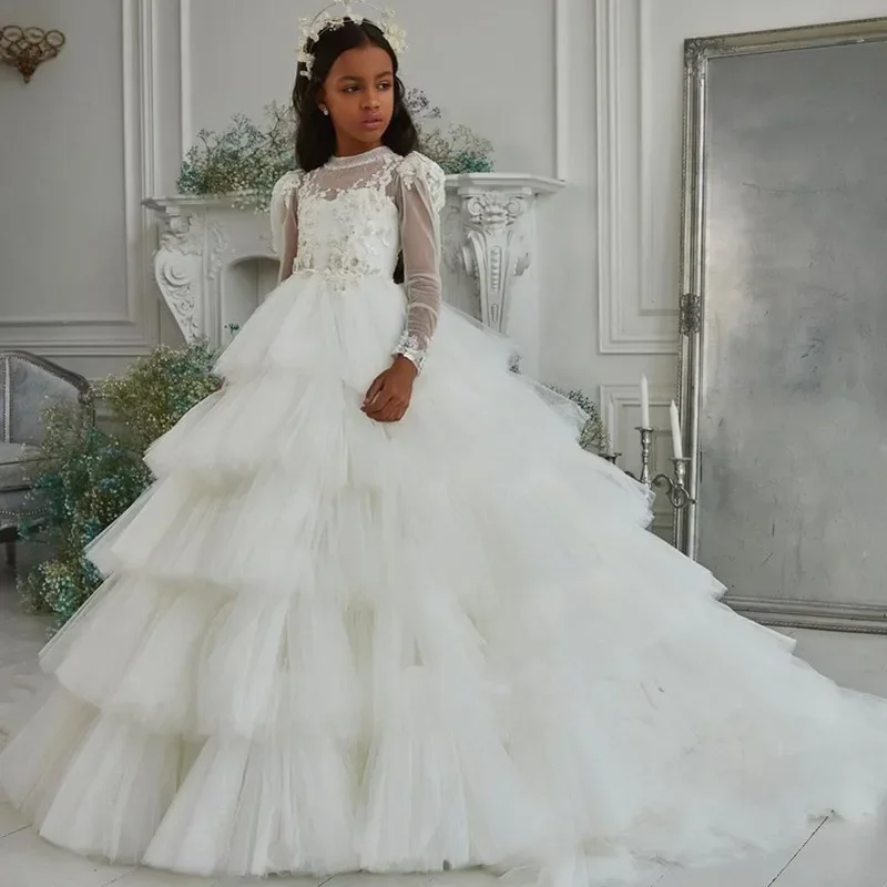 

Платья для первого причастия, пышное Тюлевое кружевное платье с бантом, детское платье принцессы на свадьбу, день рождения, праздничное платье с цветами для девочек