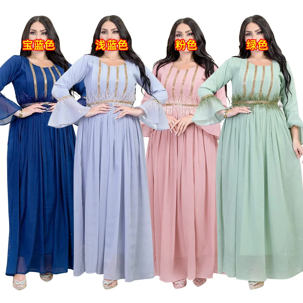 Muslin Arab Dress Ramadan Islamic Middle East Feather Hot Diamond Chiffon Gown Belt Round Neck Summer Long Dress Women Dress
Muslin Arab Dress Ramadan Islamic Middle East Feather Hot Diamond Chiffon Gown Belt Round Neck Summer Long Dress Women Dress