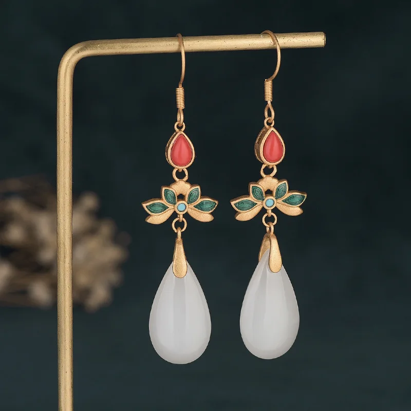 China Style Ear Jewelry High Quality White Drop Shaped Jade Lotus Flower Classical Earrings Enamel Tassel Cintage Earrings Women
China Style Ear Jewelry High Quality White Drop Shaped Jade Lotus Flower Classical Earrings Enamel Tassel Cintage Earrings Women