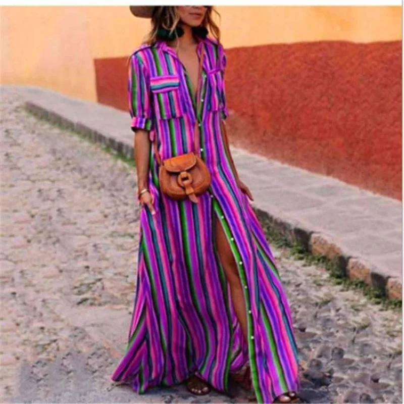 French Women Summer Dress Bohemian Striped Short Sleeve Maxi Shirt Dress Button Casual Pockets Robe Femme Clothes Women Vestidos
French Women Summer Dress Bohemian Striped Short Sleeve Maxi Shirt Dress Button Casual Pockets Robe Femme Clothes Women Vestidos
