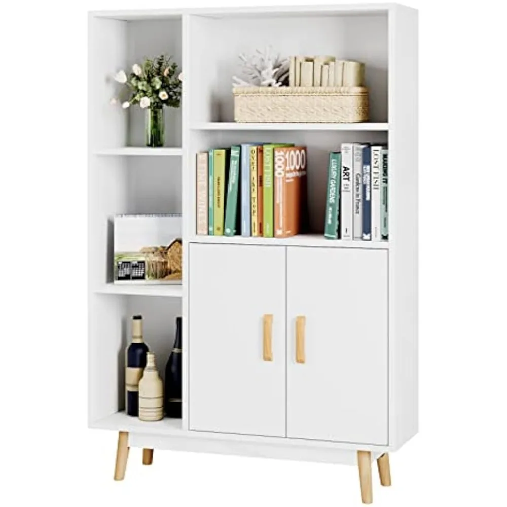 

FOTOSOK Floor Storage Cabinet with 2 Shelves and 3 Cubes, Bookcase with Doors, Bookshelf Cabinet with Legs for Kitchen,