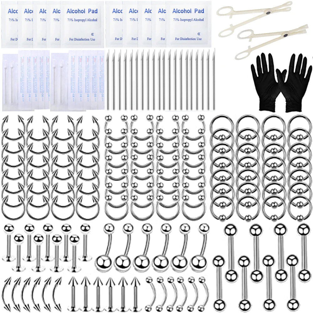 

179 Pcs Body Piercing Set Nose Septum Ear Cartilage Lip Belly Navel Tragus Eyebrow Barbell Spike Tools Needles Gloves Clamps