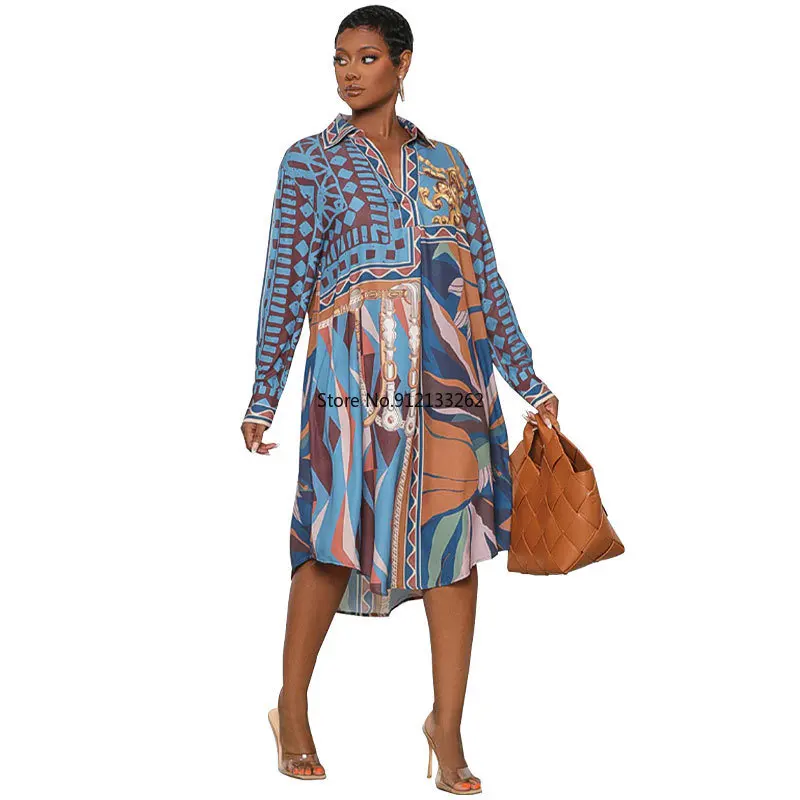 

Платья с Африканским принтом Весна 2023 Африканские женщины с длинным рукавом V-образным вырезом из полиэстера платье длиной до колен африканские платья для женщин