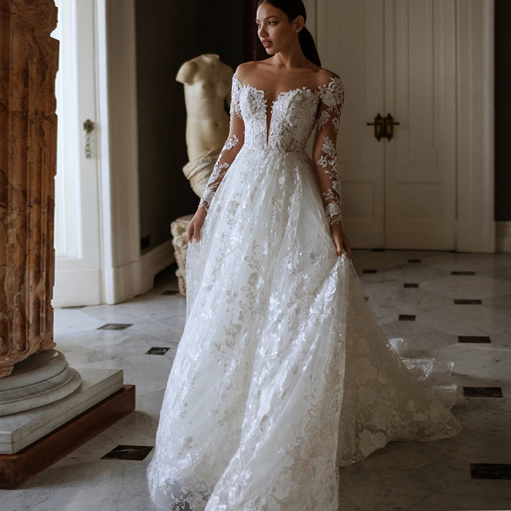 Shiny Wedding Dresses For Women Illusion Lace Long Sleeve Scoop Neck A-Line Applique Bride Gown robe de mariée vestidos
Shiny Wedding Dresses For Women Illusion Lace Long Sleeve Scoop Neck A-Line Applique Bride Gown robe de mariée vestidos