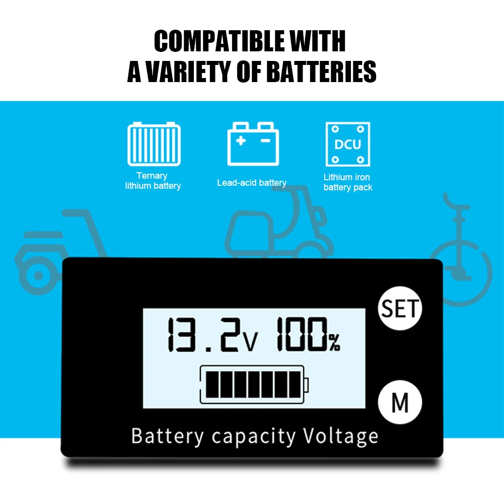 DC 8-100V Car Battery Monitor Indicator Voltage Capacity Meter LCD Display Backlit for Ternary Lithium Lead-acid Lithium Iron
DC 8-100V Car Battery Monitor Indicator Voltage Capacity Meter LCD Display Backlit for Ternary Lithium Lead-acid Lithium Iron