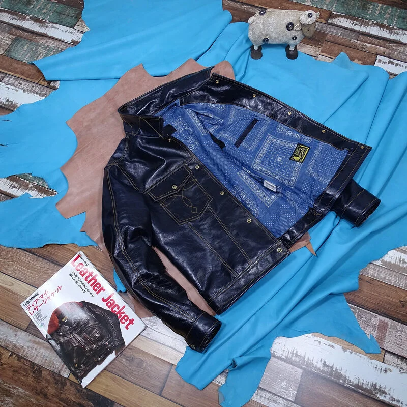 

Мужская кожаная куртка из 100% натурального меха [половинная цена advance] растительного дубления с синей лошадью