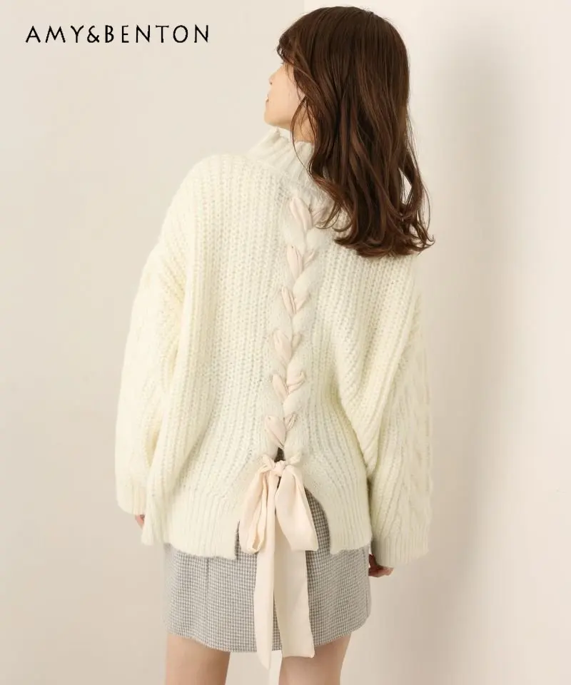 Japanese Style Half Turtleneck Sweater Women Thick Stick Knitted Back Ribbon Tie Knitted Pullover Lady Long Sleeve Sweater
Japanese Style Half Turtleneck Sweater Women Thick Stick Knitted Back Ribbon Tie Knitted Pullover Lady Long Sleeve Sweater