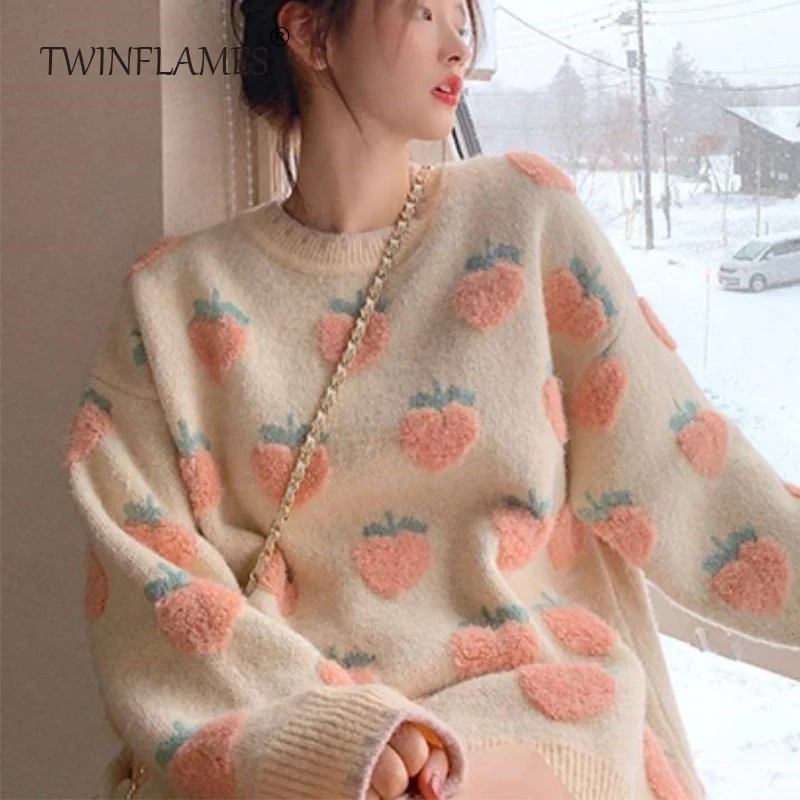 TWINFLAMES Pullover Sweater Women Lazy Loose Wear Thick Autumn/Winter New Peach Strawberry Pattern O Neck Knit Jumper Top Women
TWINFLAMES Pullover Sweater Women Lazy Loose Wear Thick Autumn/Winter New Peach Strawberry Pattern O Neck Knit Jumper Top Women