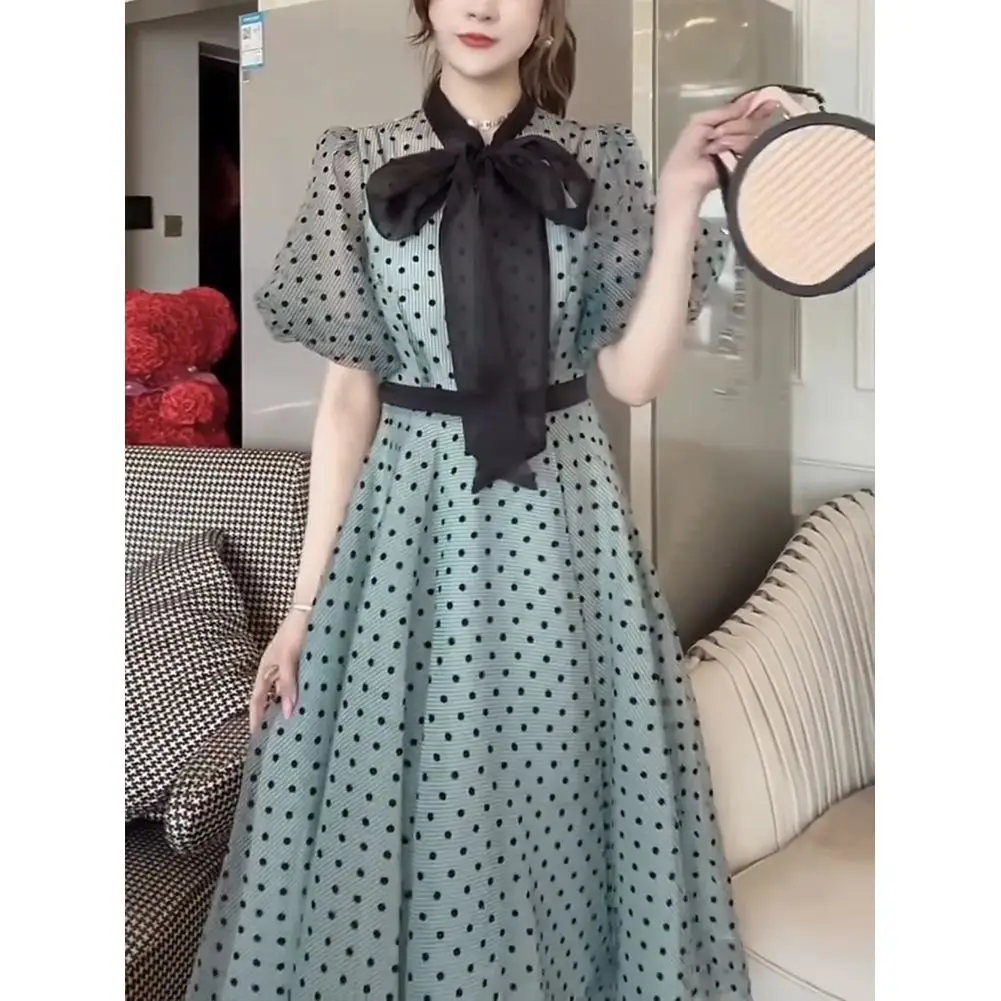New Summer New Elegant Dot Dress Puff Sleeve French Thin Flounced Edge Bow Dress Youth All-match Comfortable Women Clothing E15 
New Summer New Elegant Dot Dress Puff Sleeve French Thin Flounced Edge Bow Dress Youth All-match Comfortable Women Clothing E15