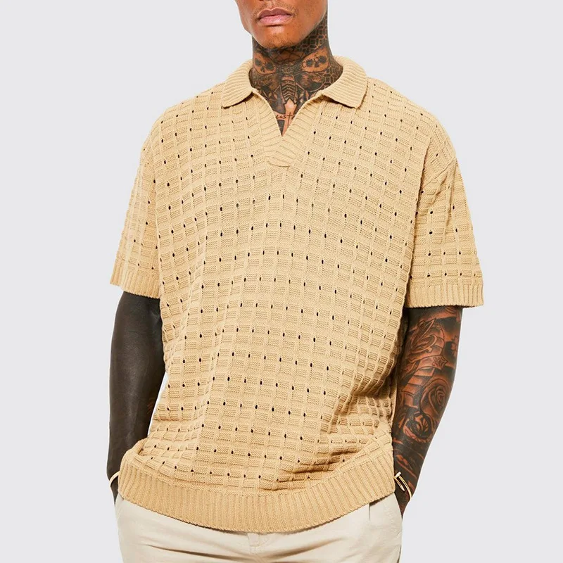 Y2K Short-Sleeved Casual T-shirt Solid Color Men's Loose Elastic Polo Shirt Sweater Men's Knitted See Through V-neck T-shirt
Y2K Short-Sleeved Casual T-shirt Solid Color Men's Loose Elastic Polo Shirt Sweater Men's Knitted See Through V-neck T-shirt