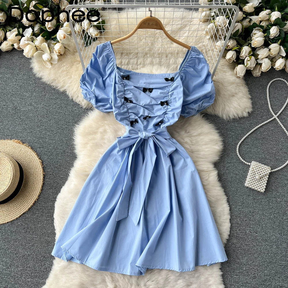 Rhinestone Bow Sweet Square Collar A- Line Puff Short Sleeve Mini Dress Women Slim Waist Pleated Dress 2022 New Summer Vestidos 
Rhinestone Bow Sweet Square Collar A- Line Puff Short Sleeve Mini Dress Women Slim Waist Pleated Dress 2022 New Summer Vestidos