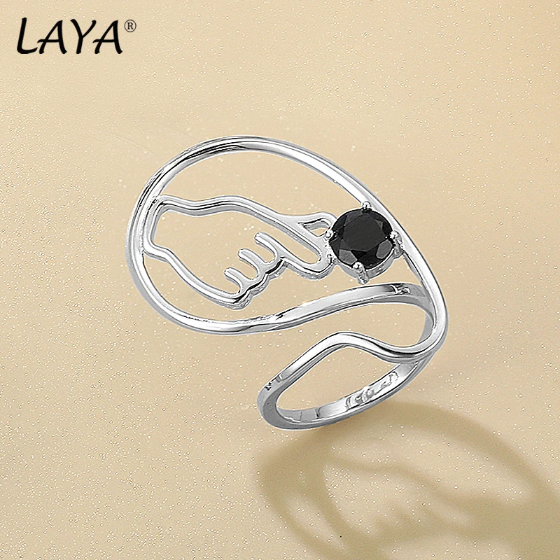 

LAYA 925 Sterling Silver Gemstone Natural Black Sapphire Than Heart Hand Temperament Irregular Ring For Women Luxury Jewelry