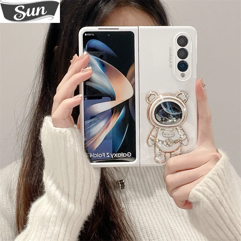 

For Samsung Galaxy Z Fold 5 4 3 2 fold4 5G Fashion Cute Quicksand Space Astronaut Bracket Stand Holder Matte Phone Case Cover