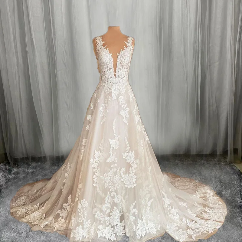 

MANRAY Sleeveless V Neck Wedding Dress Lace Applique Blush Pink Backless Bridal Gown Robes De Mariée Vestidos Novia 2023