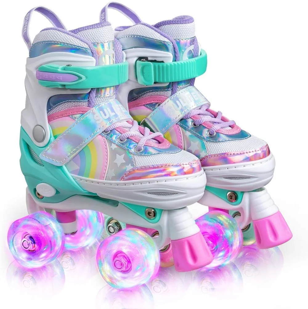 4 Size Adjustable Rainbow Light up Quad Roller Skates for Girls Boys for Kids Indoor and Outdoor Sport Entertainment
4 Size Adjustable Rainbow Light up Quad Roller Skates for Girls Boys for Kids Indoor and Outdoor Sport Entertainment