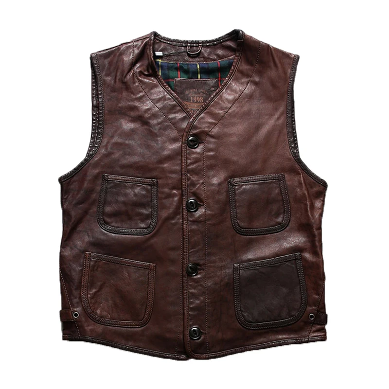 

Summer men's new casual leather biker undershirt factory direct brown vintage soft V-neck single-breasted sheepskin undershirt