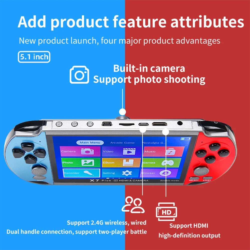 Портативная игровая консоль с экраном 5,1 дюйма, HD, портативные игровые консоли, плеер, совместимый с HDMI, двойной джойстик, поддержка 20000 игр
Портативная игровая консоль с экраном 5,1 дюйма, HD, портативные игровые консоли, плеер, совместимый с HDMI, двойной джойстик, поддержка 20000 игр