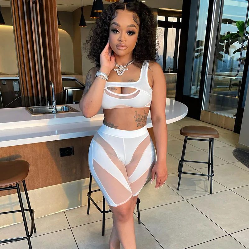 

Striped Sheer Mesh Patchwork 2 Piece Sets Women Outfit Summer Sporty Tank Crop Top and Biker Shorts Matching Sets Tracksuit Gym
