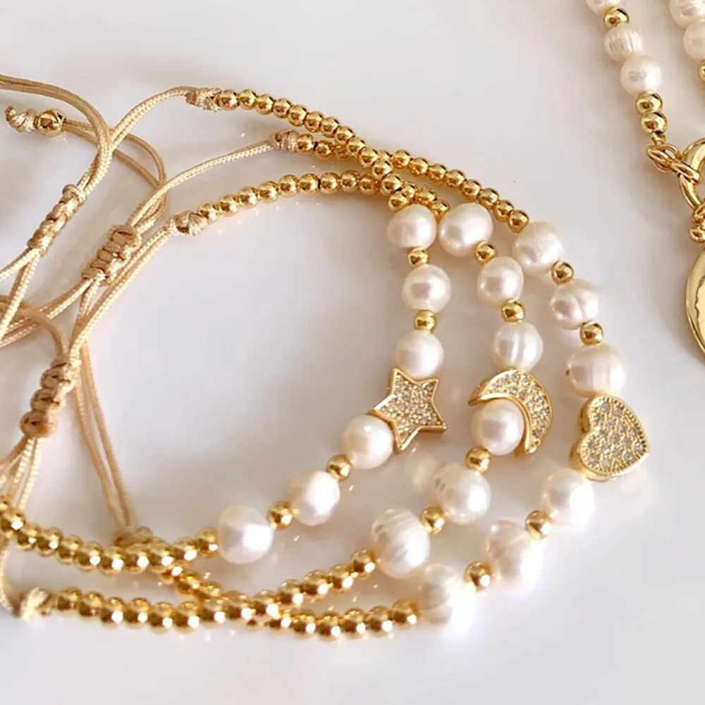 

Vlen Natural Pearl Gold Color Beaded Bracelet Rhinestones Star Moon Heart Charm Bracelets for Women Gifts Pulseras Jewelry