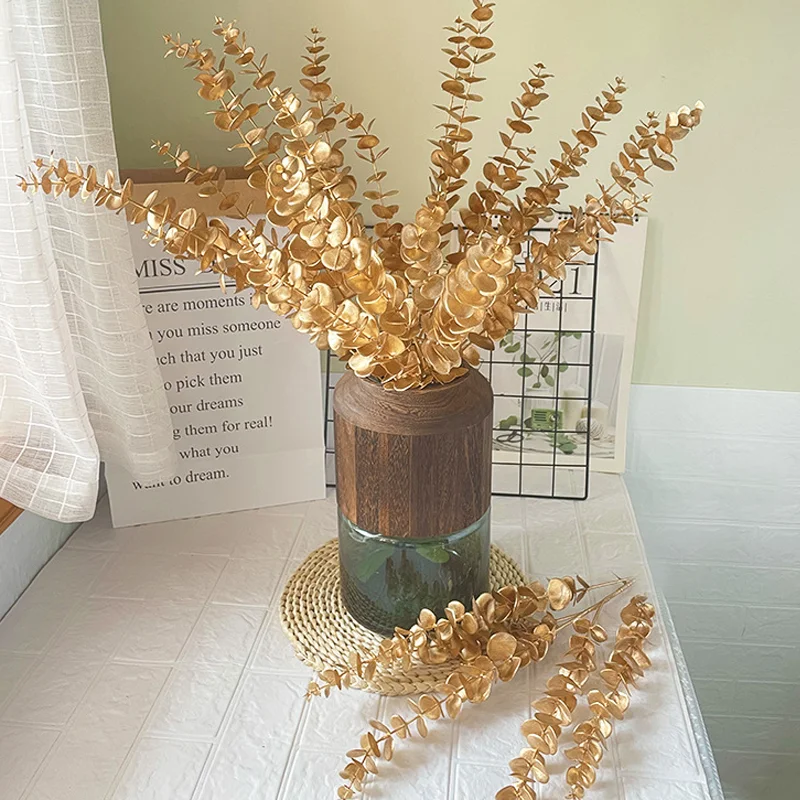 

5pcs Gold Artificial Plants Holly Ginkgo Eucalyptus Leaf Fake Flowers Wedding Decorations Home Room Table Decor New Year 2023