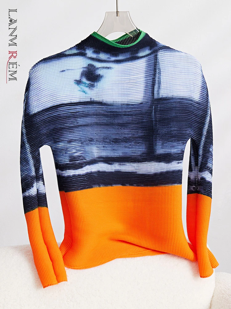 LANMREM Turtleneck Gardient Printed Pleated T-shirt For Women Long Sleeves Casual Thin Tops Contrast Color Clothing 2023 32D589 
LANMREM Turtleneck Gardient Printed Pleated T-shirt For Women Long Sleeves Casual Thin Tops Contrast Color Clothing 2023 32D589