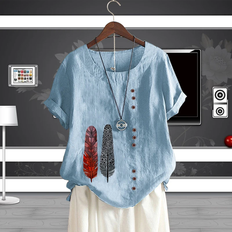 Fashion Plus Size O Neck Print Short Sleeve Shirt for Women Feather Pattern Vintage Cotton Linen Popular Loose T Shirt Top
Fashion Plus Size O Neck Print Short Sleeve Shirt for Women Feather Pattern Vintage Cotton Linen Popular Loose T Shirt Top