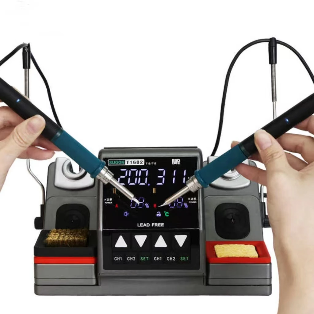 SUGON T1602 Soldering Station Lead-free 2S Heat Quick Up Soldere Double Workbench Rework Mobile Phone PCB SMD IC Repair Tool
SUGON T1602 Soldering Station Lead-free 2S Heat Quick Up Soldere Double Workbench Rework Mobile Phone PCB SMD IC Repair Tool