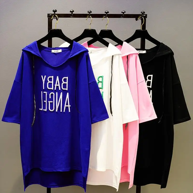 New Sumemr Short Sleeve Hooded T-shirt Korea Oversize Loose Pullover Top Batwing Embroidery Letter Mid-length Women Tees Dress
New Sumemr Short Sleeve Hooded T-shirt Korea Oversize Loose Pullover Top Batwing Embroidery Letter Mid-length Women Tees Dress
