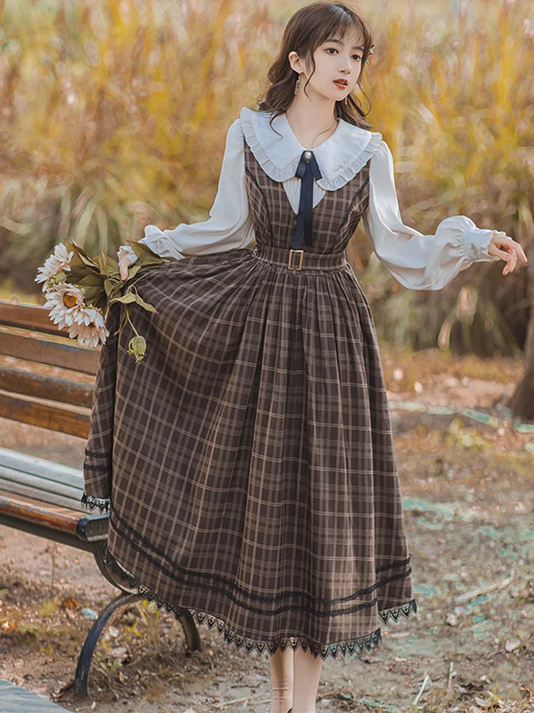 Spring Autumn Midi Long Plaid Skirt Women Vintage High Waist Belted Lace Stitch Pleated Suspender Skirt Lolita Cute Jumpsuits
Spring Autumn Midi Long Plaid Skirt Women Vintage High Waist Belted Lace Stitch Pleated Suspender Skirt Lolita Cute Jumpsuits