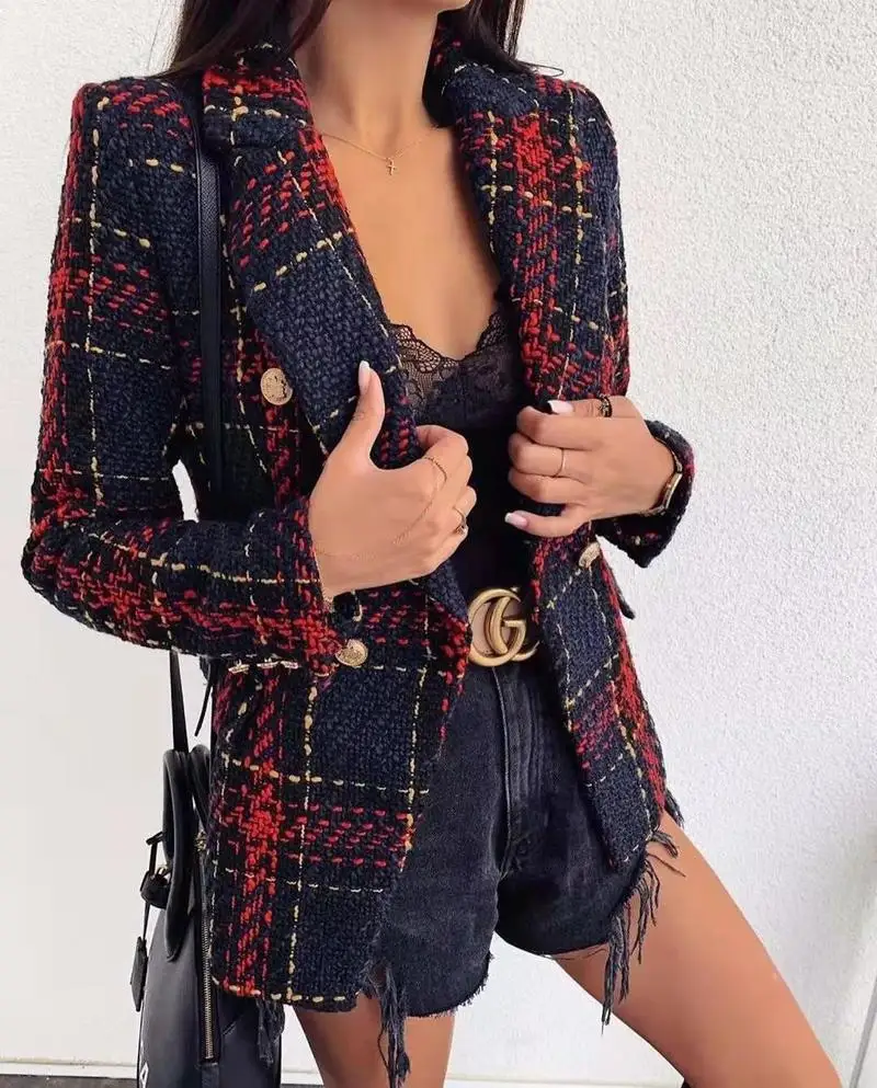 

Tweed Tassel Houndstooth Blazer Women Red Plaid Double Breasted Suit 2023 Spring Autumn Office Lady New Fashion Casual Blazers