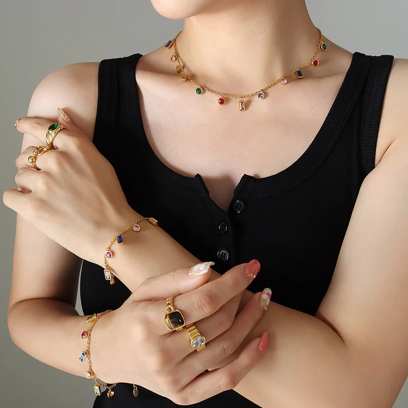 Personality Trend Popular Colorful Zircon Gold Square Tassel Necklace Bracelet Luxury Jewelry Suit Jewelry Wedding Jewelry Sets
Personality Trend Popular Colorful Zircon Gold Square Tassel Necklace Bracelet Luxury Jewelry Suit Jewelry Wedding Jewelry Sets