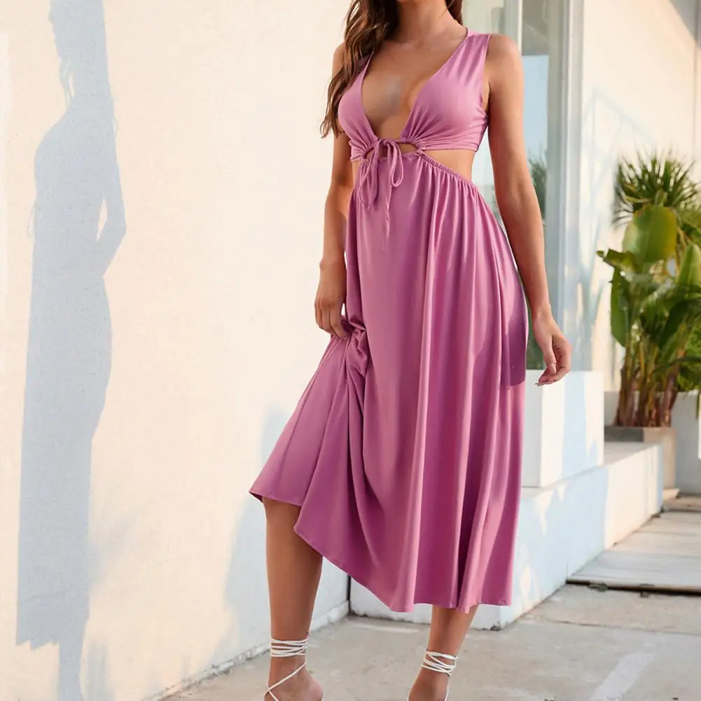 Sleeveless Popular Sexy Waist Hollow Pleated Large Hem Vest Dress Sundress Holiday Dress Deep V-neck Female Clothing 
Sleeveless Popular Sexy Waist Hollow Pleated Large Hem Vest Dress Sundress Holiday Dress Deep V-neck Female Clothing