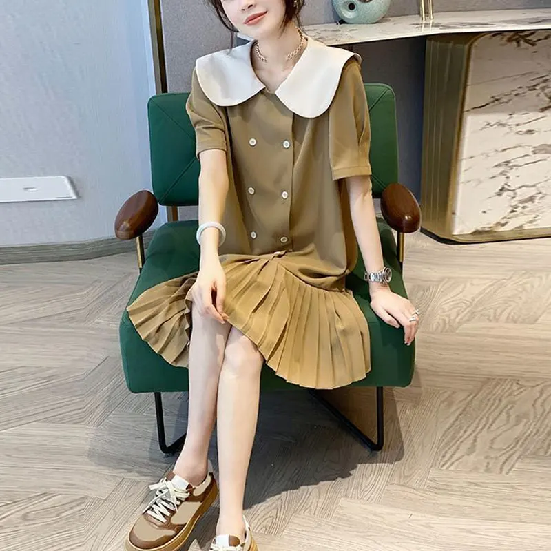 Preppy Style Solid Color Sweet Peter Pan Collar Dresses Summer Stylish Double-breasted Female Clothing Korean Pleated Midi Dress
Preppy Style Solid Color Sweet Peter Pan Collar Dresses Summer Stylish Double-breasted Female Clothing Korean Pleated Midi Dress