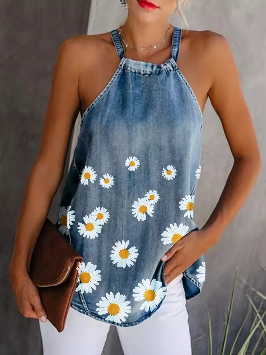 

2023NEW Summer Daisy Tank Halter Neck Bandage Sexy Vest Long Camisole Sleeveless Sunflower Print Denim Women Blouse Tops T-Shirt