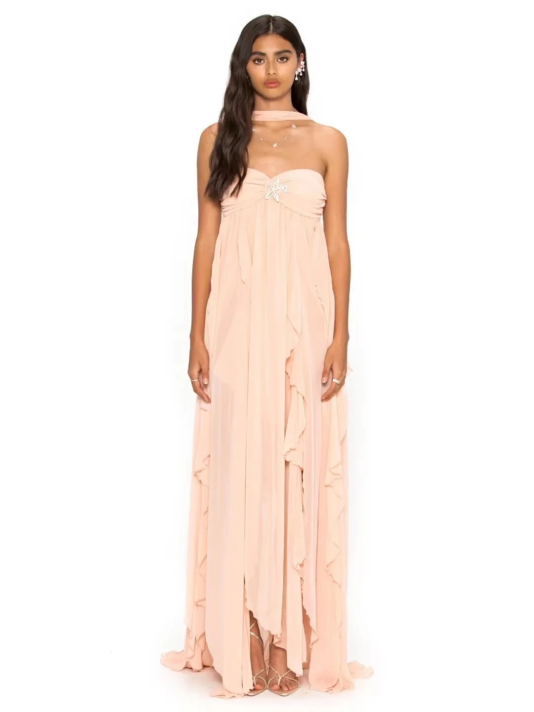 Women Sexy Pleated Strapless Beaded Stars Backless Irregular Ruffles Halter Or Slip Dinner Dress
Women Sexy Pleated Strapless Beaded Stars Backless Irregular Ruffles Halter Or Slip Dinner Dress