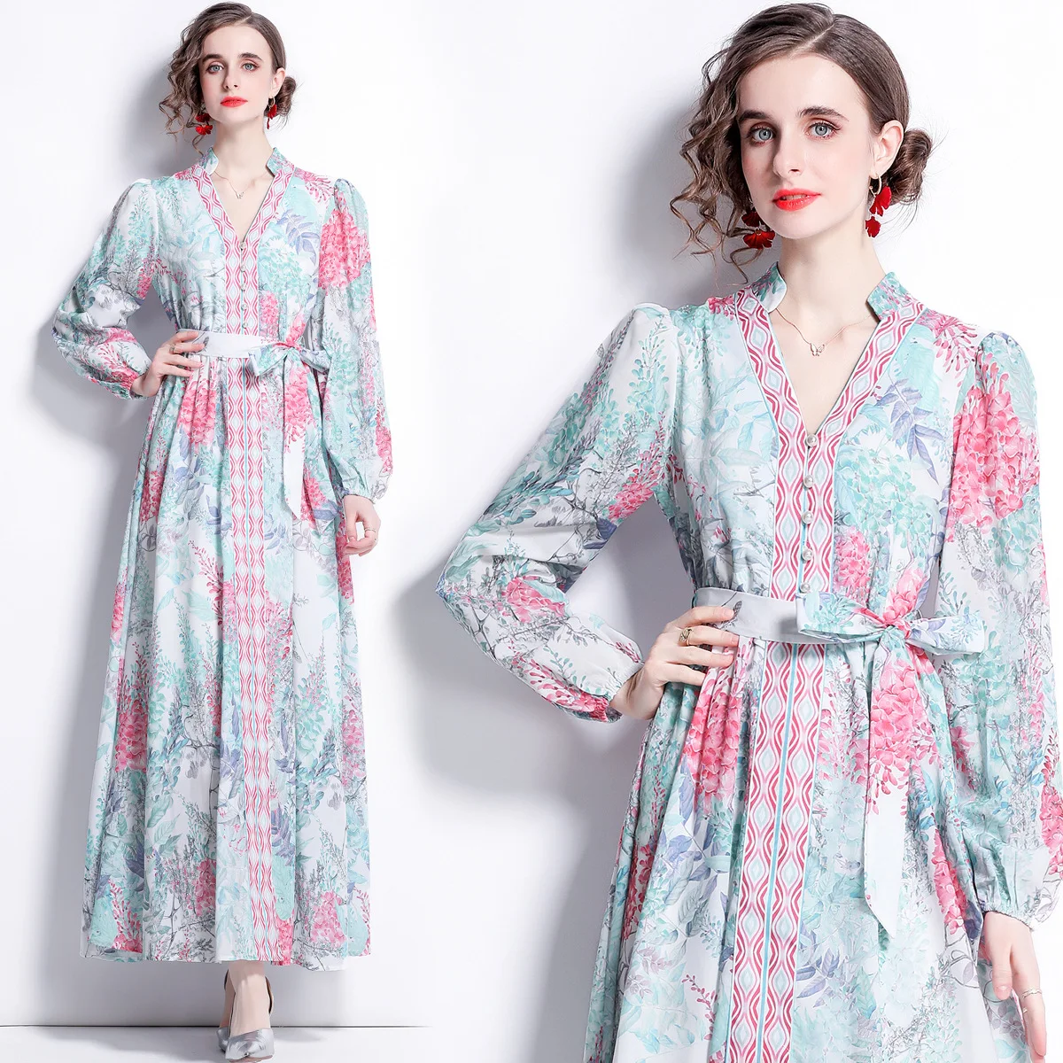 2022 Summer New Women's Clothing Sexy V-Neck Lantern Sleeves Fashion Print Waist Single-Breasted Long Dress
2022 Summer New Women's Clothing Sexy V-Neck Lantern Sleeves Fashion Print Waist Single-Breasted Long Dress