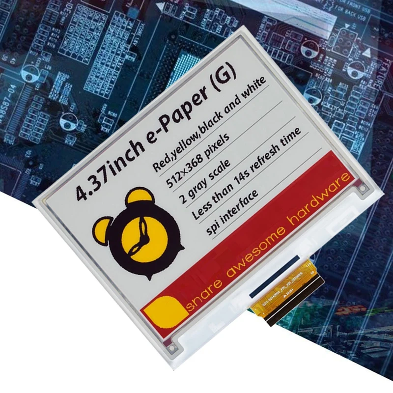 4.37 Inch E-Paper E-Ink Screen 512X368 Pixels Red Yellow Black And White Four-Color Ink Screen SPI Communication Module
4.37 Inch E-Paper E-Ink Screen 512X368 Pixels Red Yellow Black And White Four-Color Ink Screen SPI Communication Module