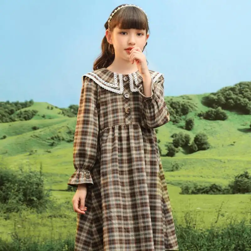 Fashion Plaid Print Dress For Girls Spring Autumn Long Sleeve Peter Pan Collar Knee Length Gowns Children Kids Drsses Clothes
Fashion Plaid Print Dress For Girls Spring Autumn Long Sleeve Peter Pan Collar Knee Length Gowns Children Kids Drsses Clothes