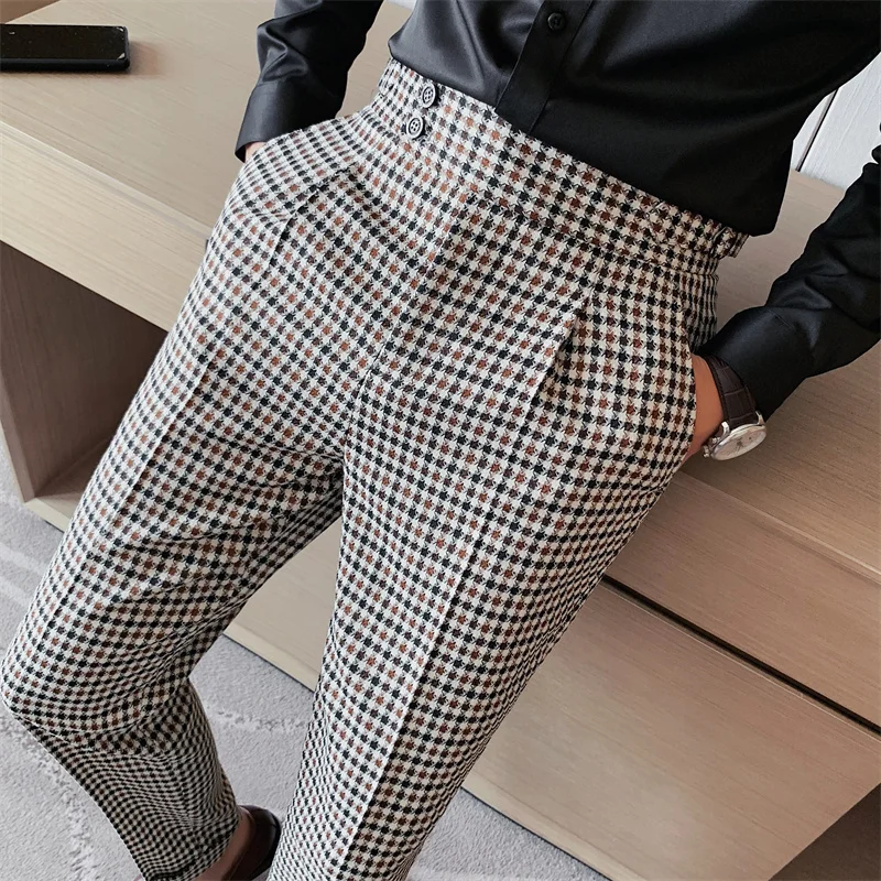 

Autumn Thousand Bird Lattice High Waist Korean Version Mens Suit Trousers Stylish Slim Straight Slacks Formal Social Dress Pants