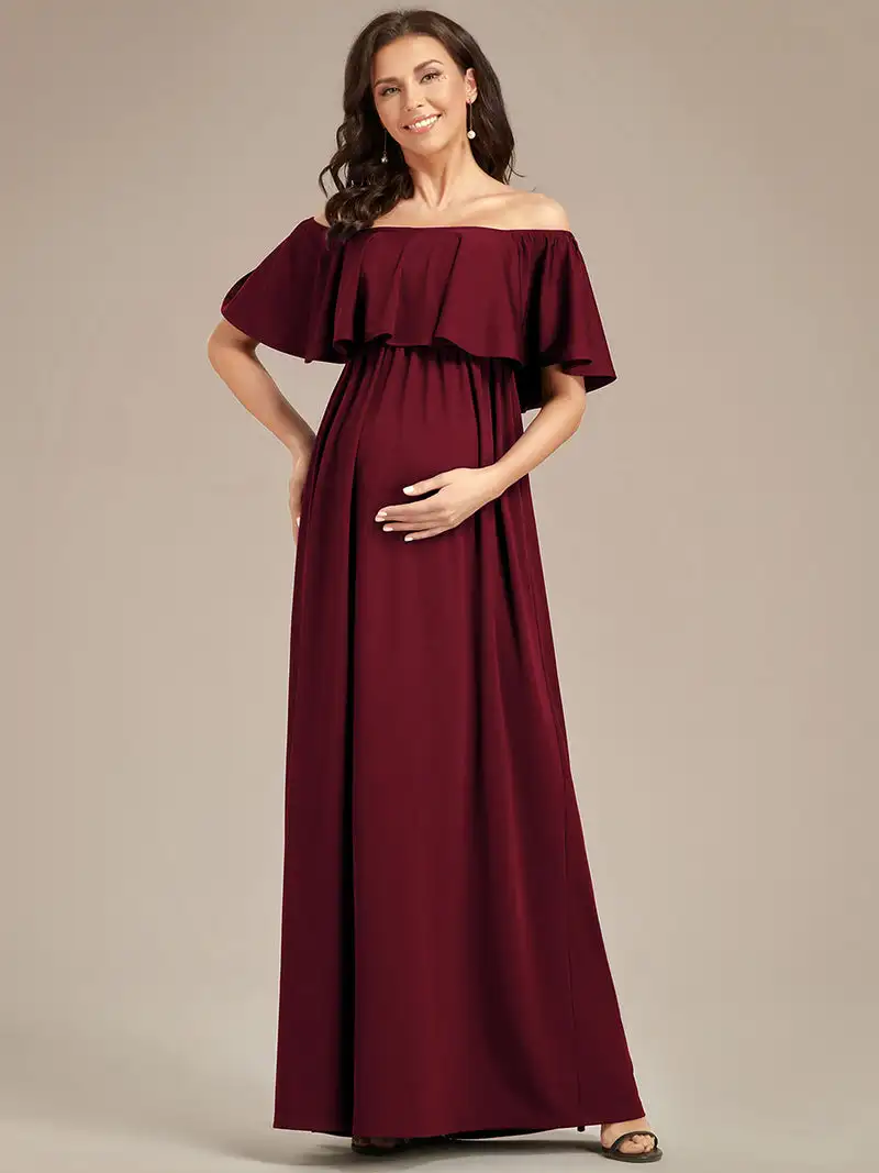 

Gorgeous Maternity Dresses Plunging V-neck and Short ruffle sleeves Floor Length Ever Pretty 2023 of A-line Burgundy Dresses