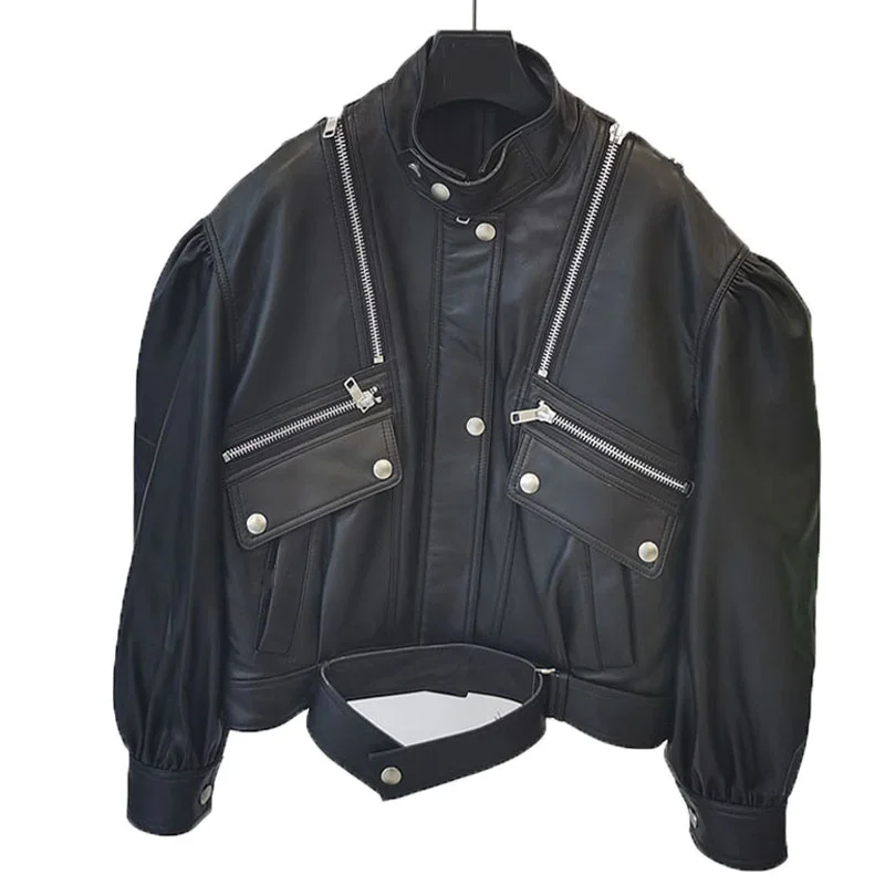 Женская короткая куртка из натуральной кожи, с круглым вырезом 
Женская короткая куртка из натуральной кожи, с круглым вырезом