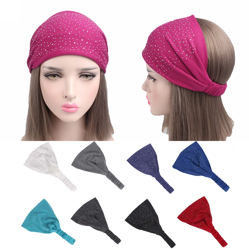 

Women Crystal Sparkling Headband Solid Color Wide Turban Twist Knitted Cotton Hairband Hair Accessories Twisted Knotted Headwrap